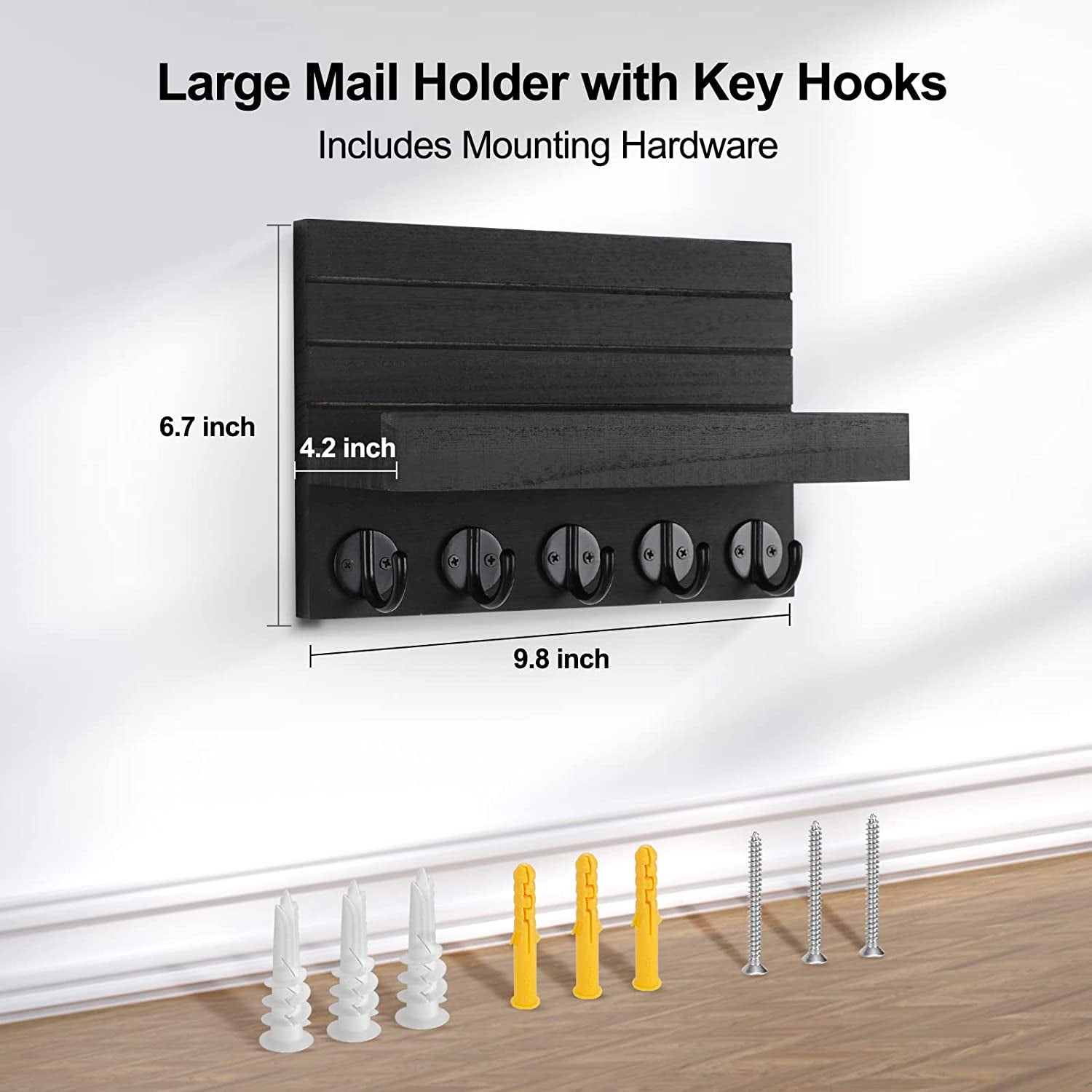 Key Holder for Wall, Decorative Key and Mail Holder with Shelf Has Large Hooks for Bags, Coats, Umbrella – Paulownia Wood Key Hanger with Mounting Hardware (9.8”W X 6.7”H X 4.2”D)