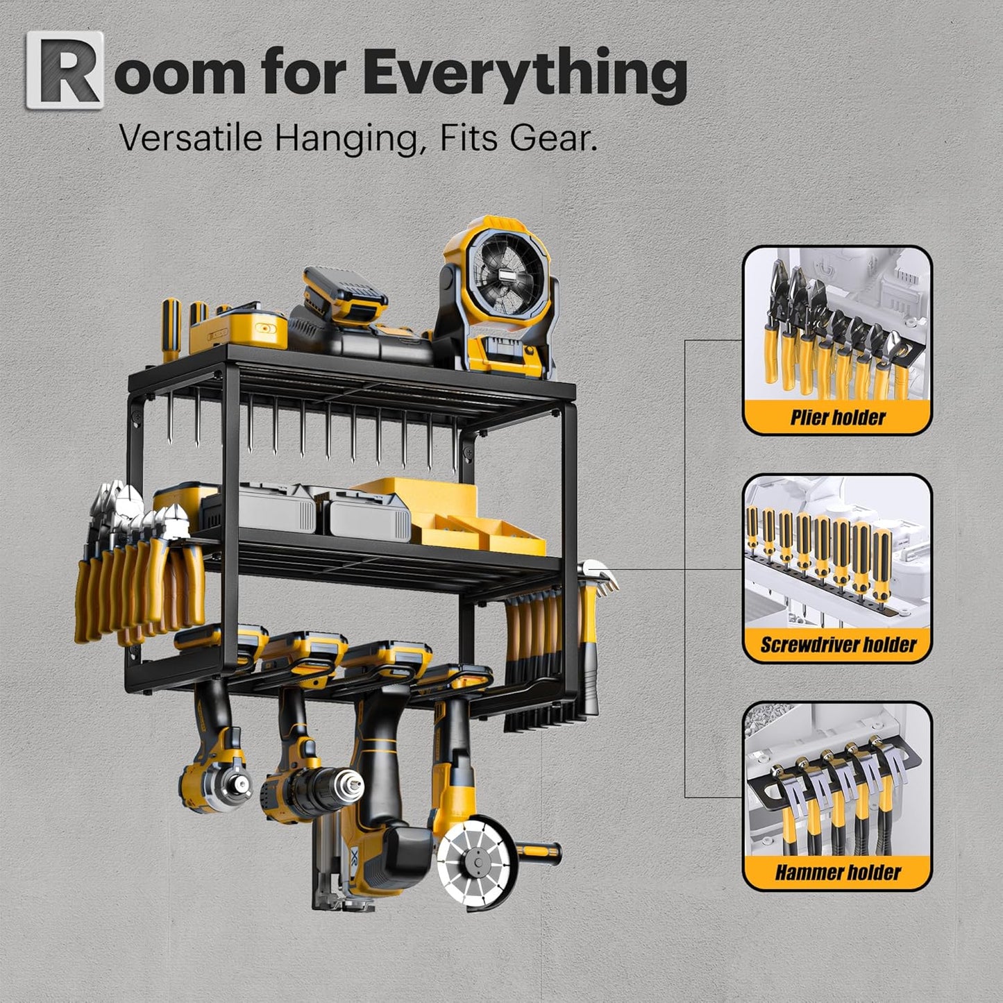 Power Tool Organizer with Charging Station, 4 Drill Holder Wall Mount, Quick Assembly, Garage Storage Rack for Handheld, Metal Tool Shelf Utility Rack for Cordless Power Tools, Suitable for Giving Men