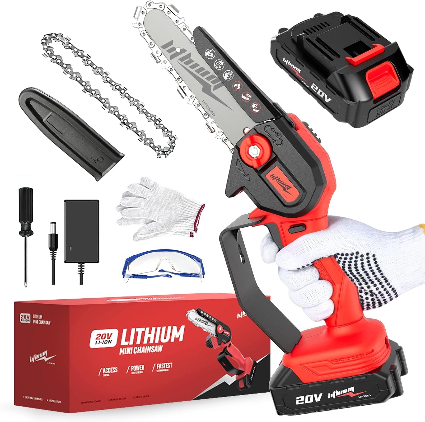 Cordless Mini Chainsaw, 20V Max Battery 6 Inch Small Chain Saw, One-Hand Handheld Electric Portable Chainsaw for Cutting Wood Trimming and Woodworking- Mini Chain Saw Cordless with 1 Batter