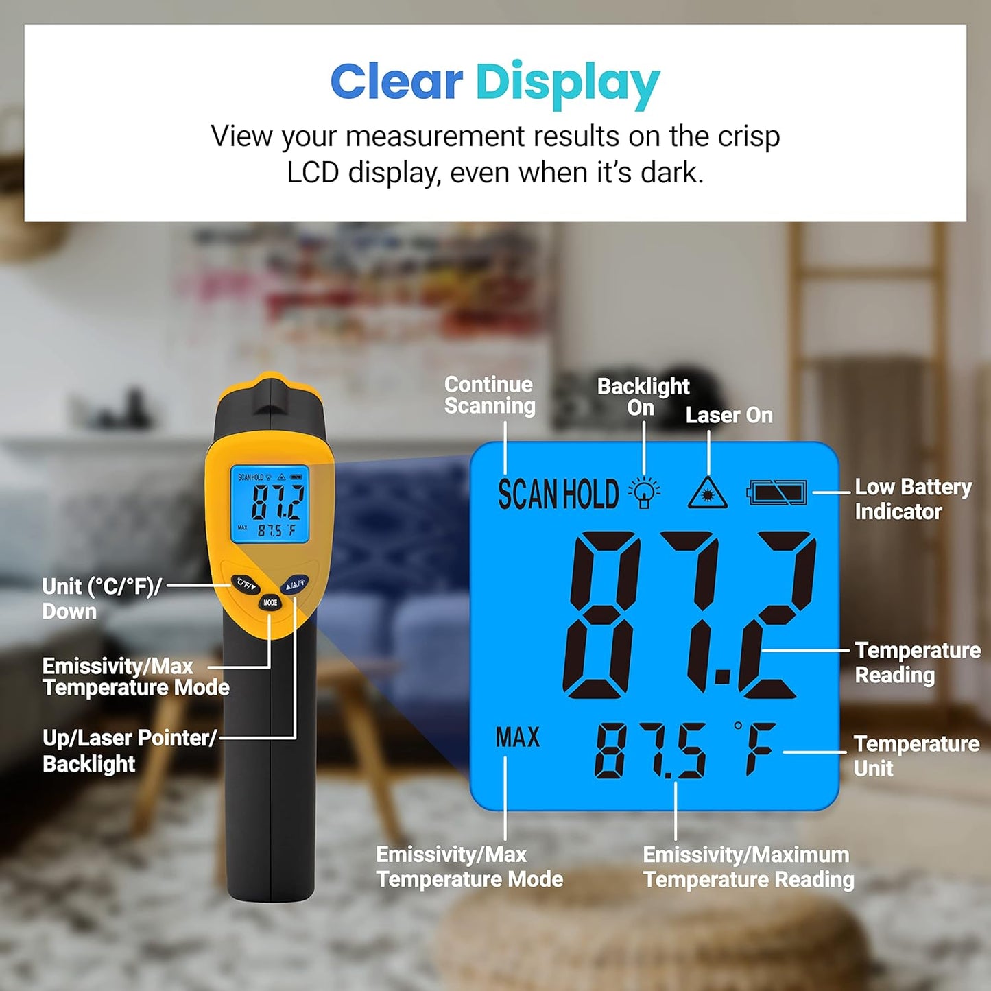 Infrared Thermometer Laser Temperature Gun 774, Meat Food Candy Oven Thermometer for Griddle Accessories, Heat Gun for Cooking Refrigerator Tools, Yellow, -58°F to 842°F