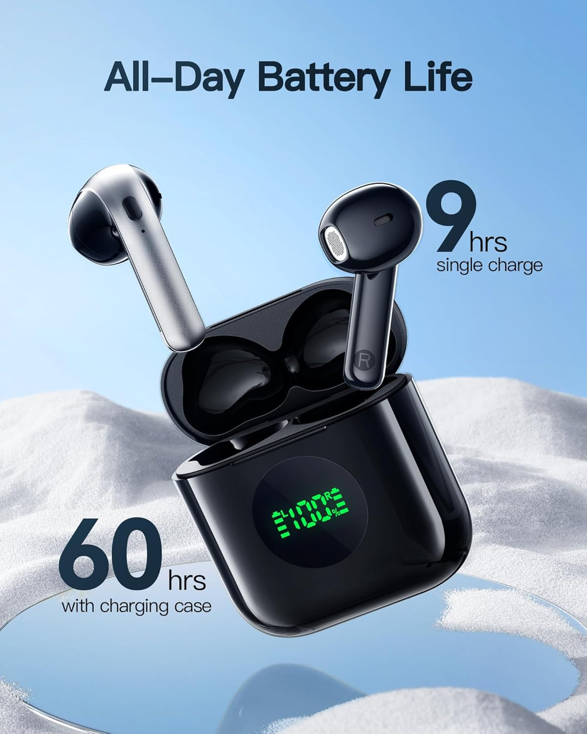 Wireless Earbuds,Bluetooth 5.3 Headphones 60H Playtime Deep Bass Stereo Ear Buds with Wireless Charging Case LED Display,Ipx7 Waterproof In-Ear Earphones with Mic,Headset for Ios/Android Black F0YC0Y