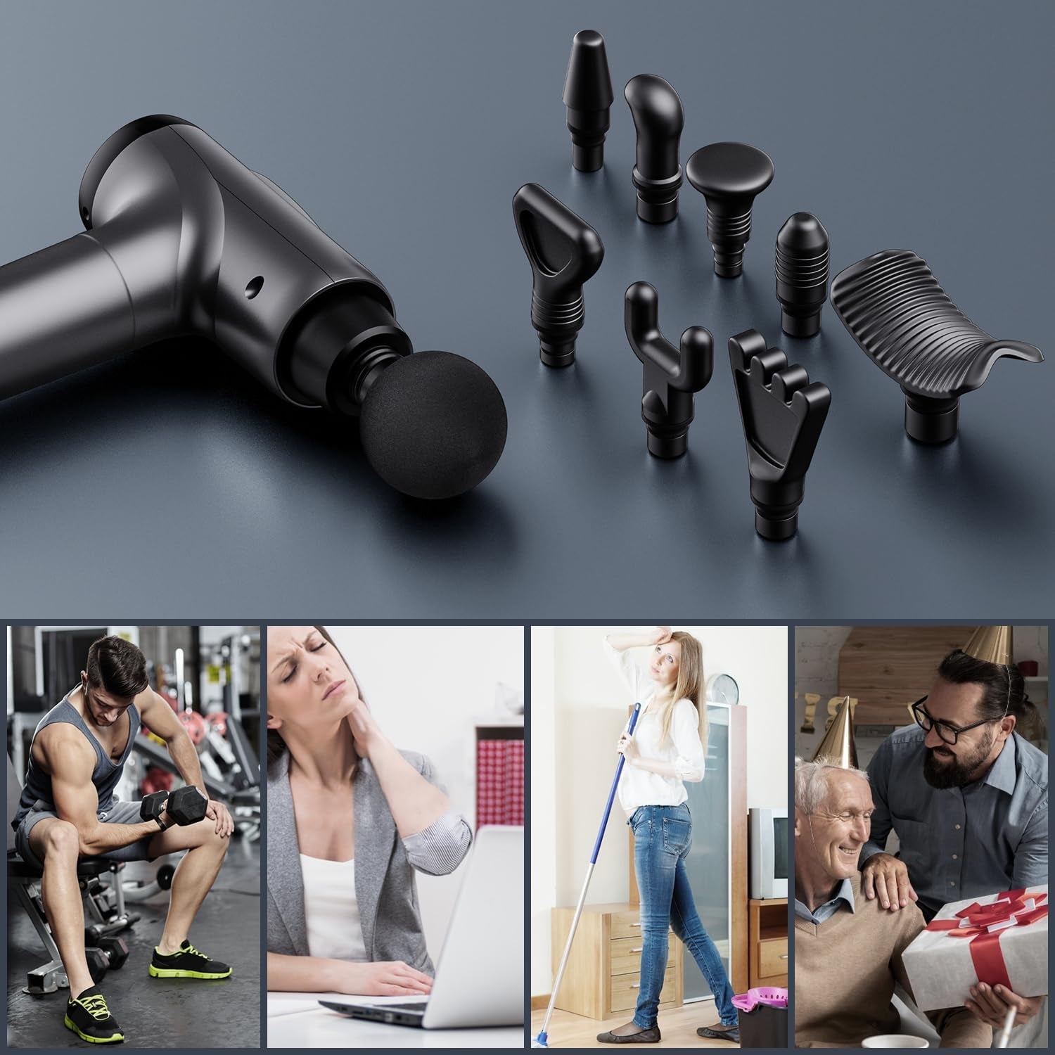 Massage Gun Deep Tissue, Handheld Electric Muscle Massager, High Intensity Percussion Massage Device for Pain Relief with 9 Attachments & 30 Speed(Grey)