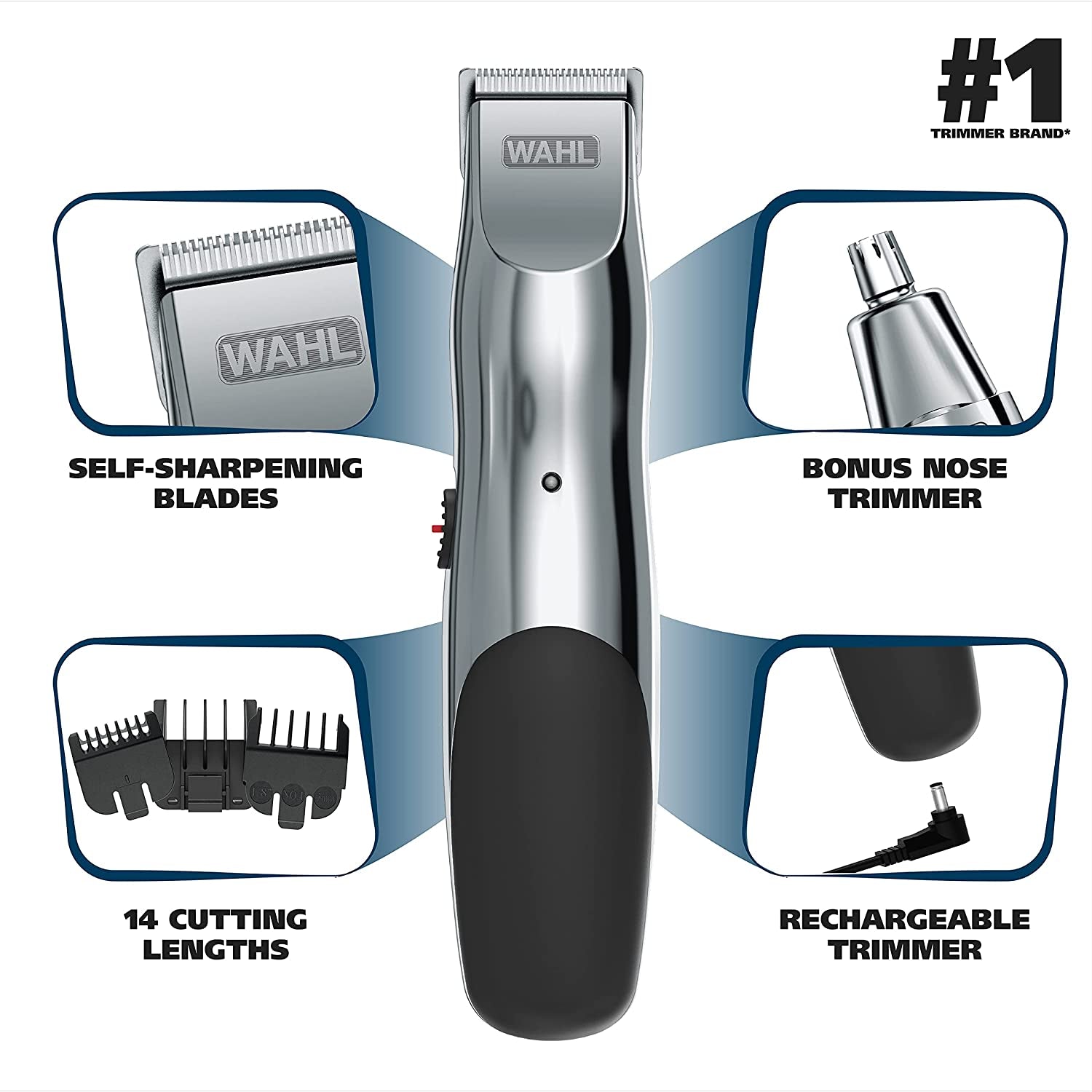 Groomsman Rechargeable Beard Trimmer Kit for Mustaches, Nose Hair, and Light Detailing and Grooming with Bonus Wet/Dry Battery Nose Trimmer – Model 5622V