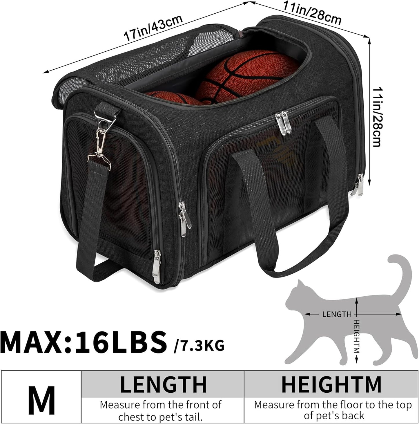 Soft-Sided Cat/Dog/Pet Carrier, Collapsible Pets Travel Carriers for Big Cats/Small Dogs with Shoulder Strap & Removable Mat, Mesh Puppy Carry Bag, up to 16 Lbs, TSA Airline Approved(Black)