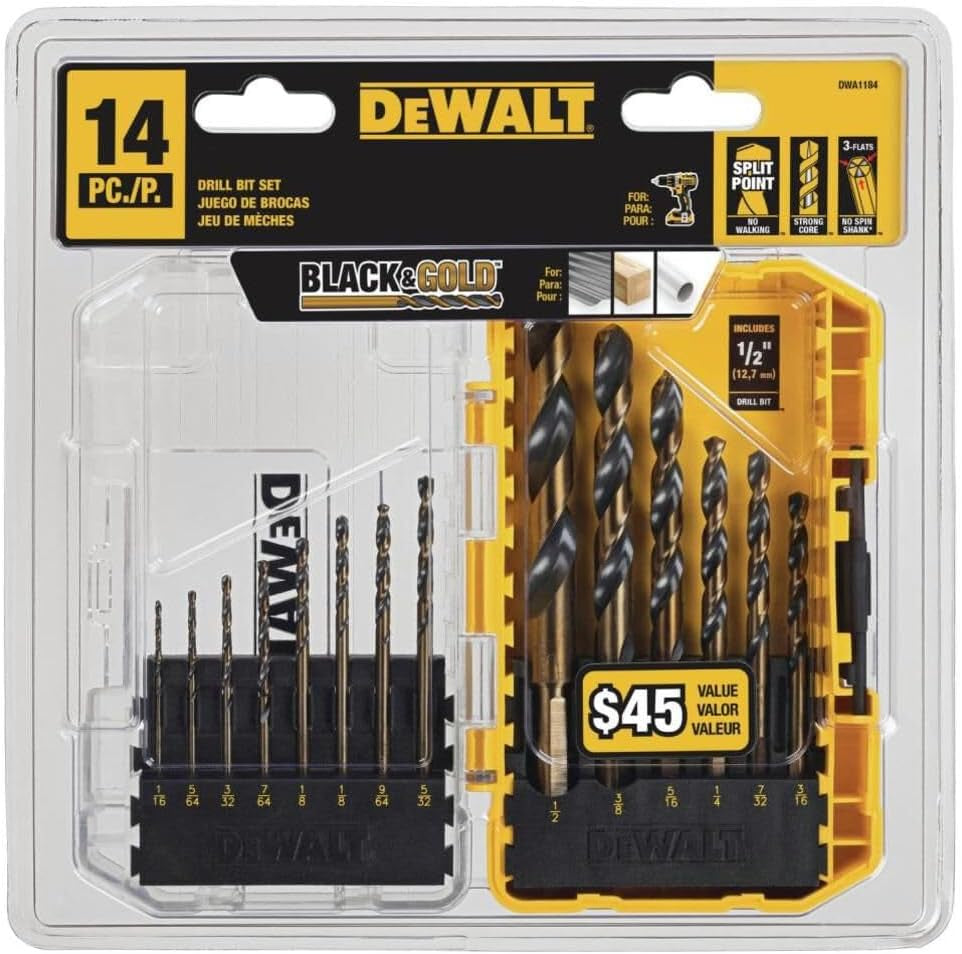 Drill Bit Set, 14-Piece, 135 Degree Split Point, for Plastic, Wood and Metal (DWA1184)