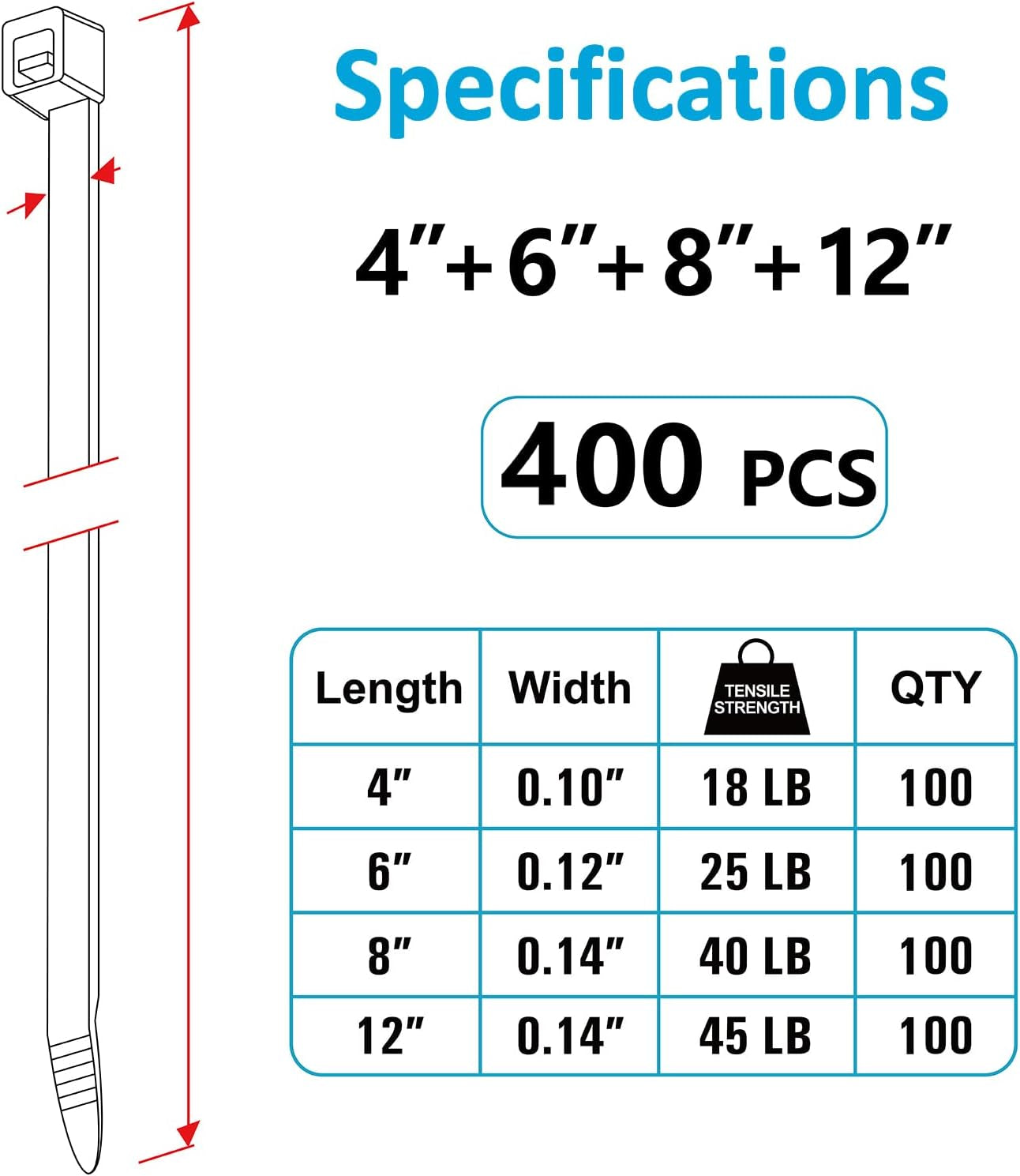 Zip Ties Assorted Sizes(4”+6”+8”+12”), 400 Pack, Black Cable Ties, UV Resistant Wire Ties by