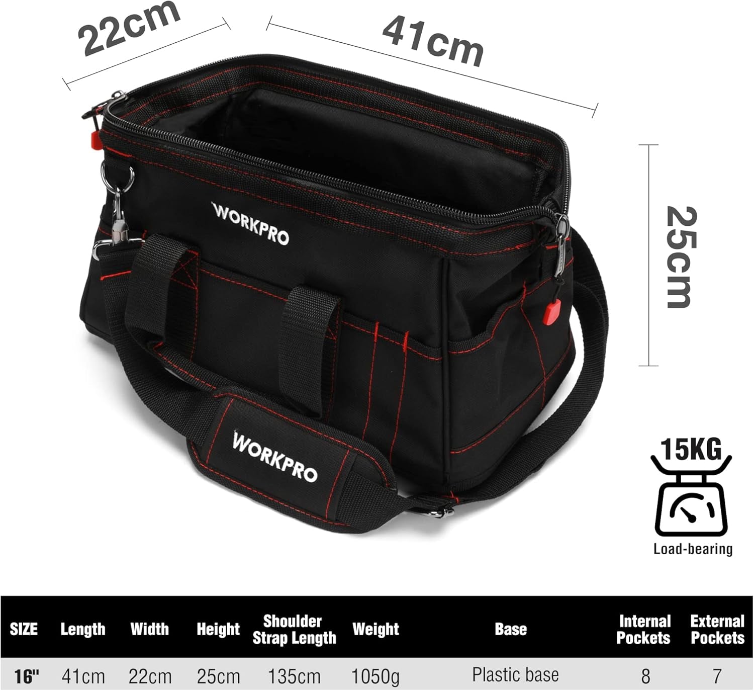 16-Inch Close Top Wide Mouth Tool Storage Bag with Water Proof Rubber Base, W081022A, 16"