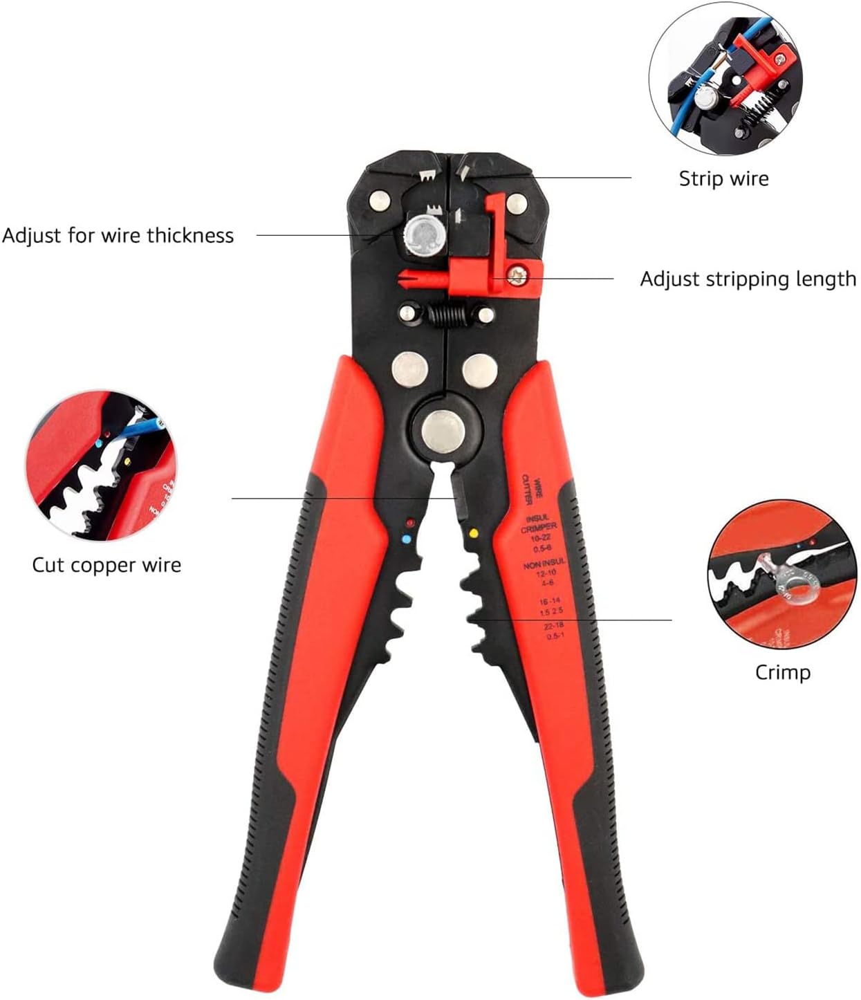 Wire Strippers, Self-Adjusting Crimper, Stripping Tool, Black/Red