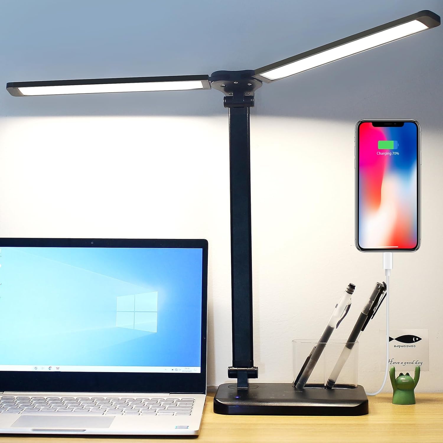 Desk Lamp, Dual Head Desk Light, 5 Lighting Colors & 10 Brightness Reading Light, LED Desk Lamp for Home Office, Table Lamp for Bedroom Desktop, Study, Craft (Black, with Adapter)