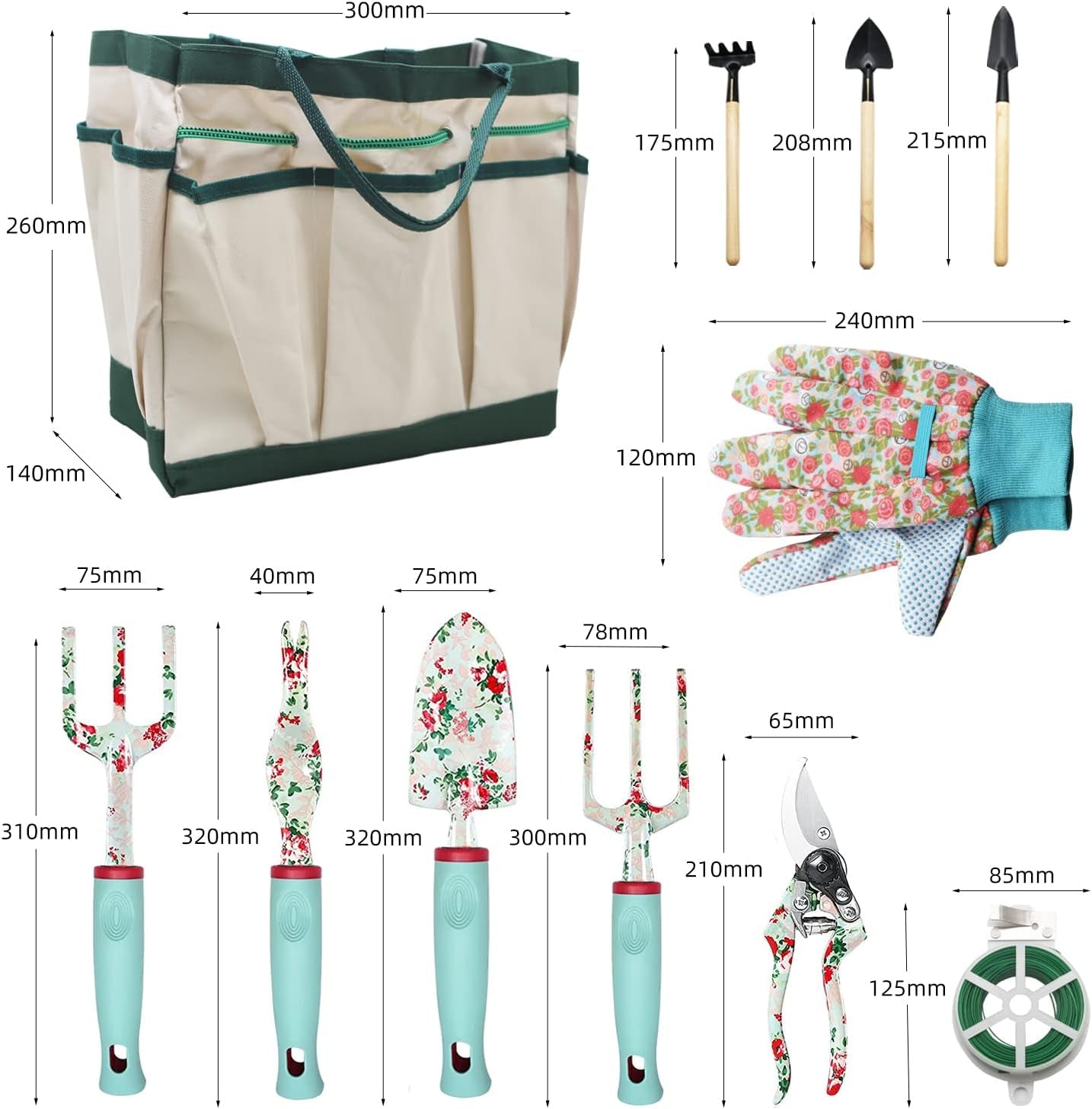 Garden Tools Set，16 Piece Floral Gardening Gifts for Women, Gardening Hand Tool Birthday Gifts for Mom, Heavy Duty Gardening Tools with Pruning Shears & X-Large Handle Storage Tote