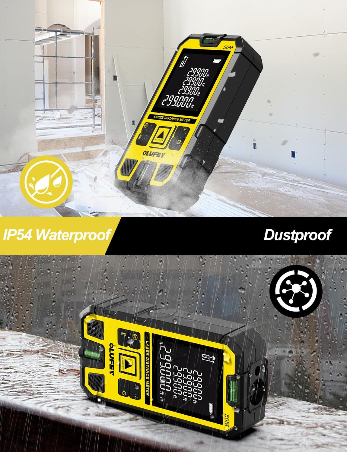 Laser Measure 165 Feet,Laser Distance Meter Device IP54 Portable Digital Measure Tool Range Finder with Bubble Levels and LCD Backlit