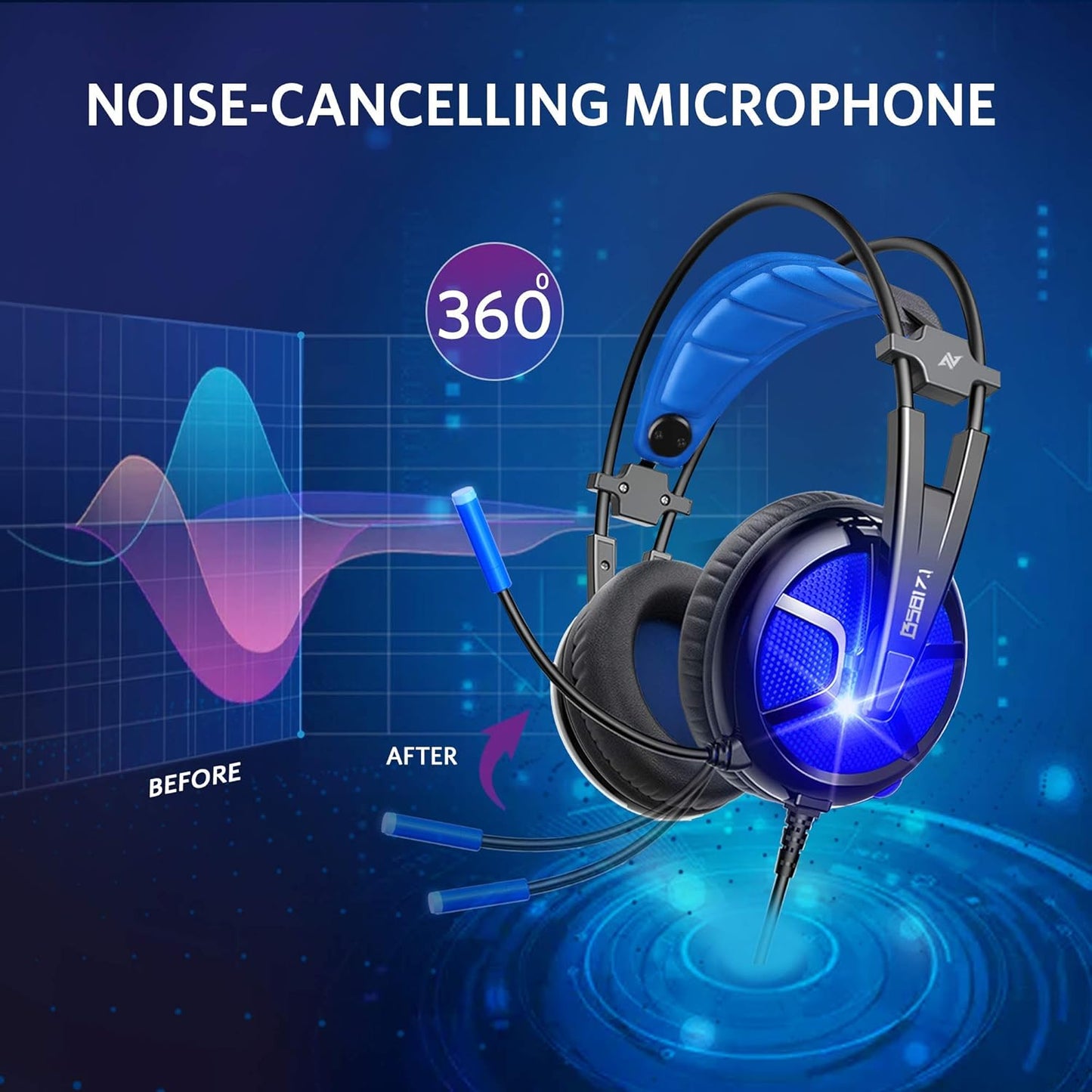 PC Headset with Dynamic Sensory & Noise-Cancelling Mic, 7.1 Surround Sounds, Mute Controls, LED Light, RGB Light for WFH PC, Laptop, Mac (B581 USB Gaming Headset with 7.1 Surround Sound)