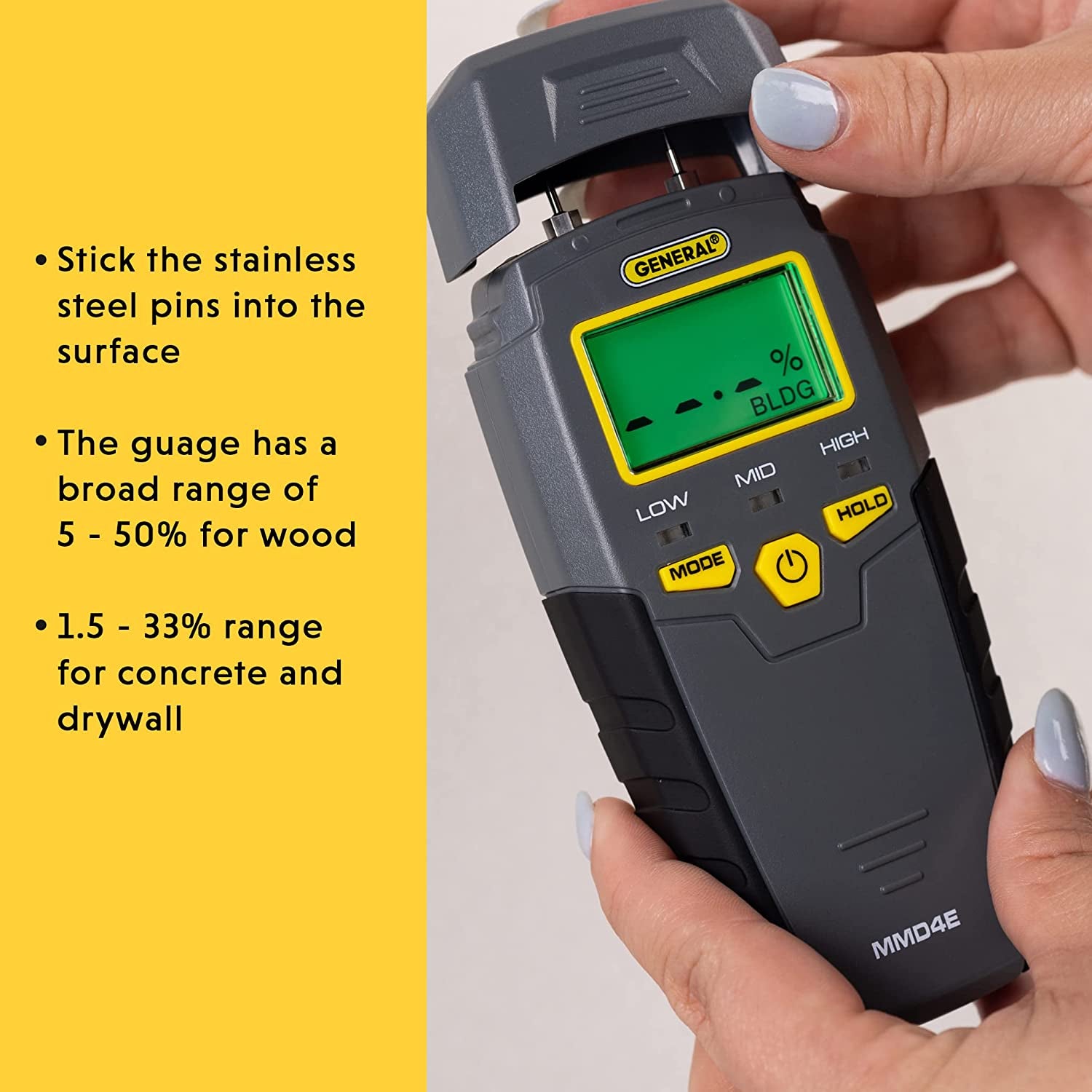 MMD4E Digital Moisture Meter, Water Leak Detector, Moisture Tester, Pin Type, Backlit LCD Display with Audible and Visual High-Medium-Low Moisture Content Alerts, Grays