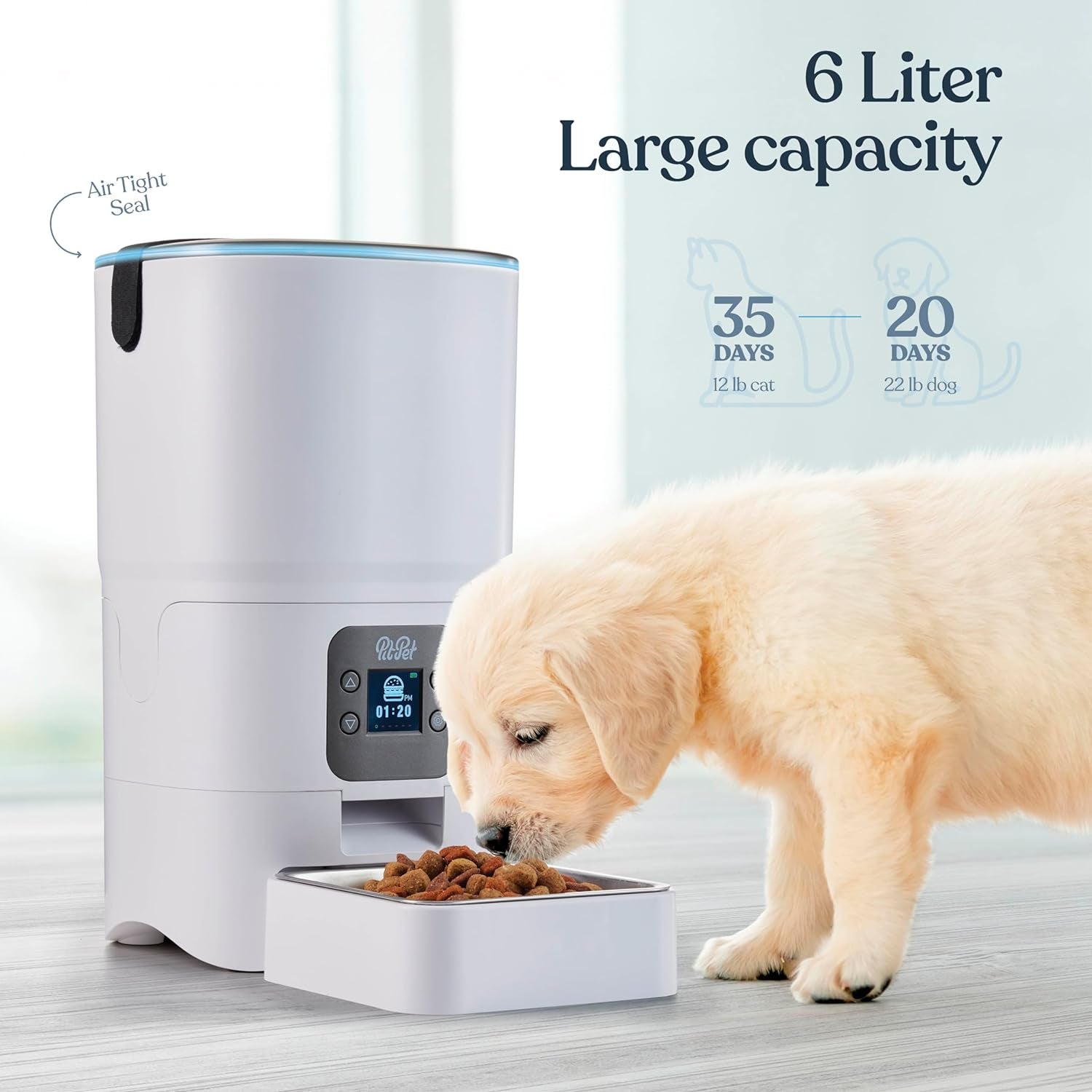 Smart Automatic Cat Feeder - 6-L Reliable Automatic Cat Food Dispenser with Display LCD Screen for Easy Set up -Portion Control Automatic Dog Feeder - Desiccant Bag Keeps Dry Food Fresh-Voice Recorder