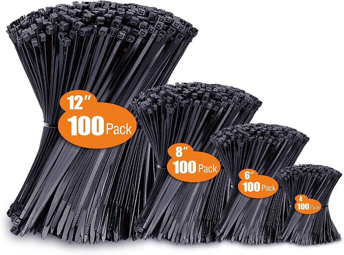 Zip Ties Assorted Sizes(4”+6”+8”+12”), 400 Pack, Black Cable Ties, UV Resistant Wire Ties by