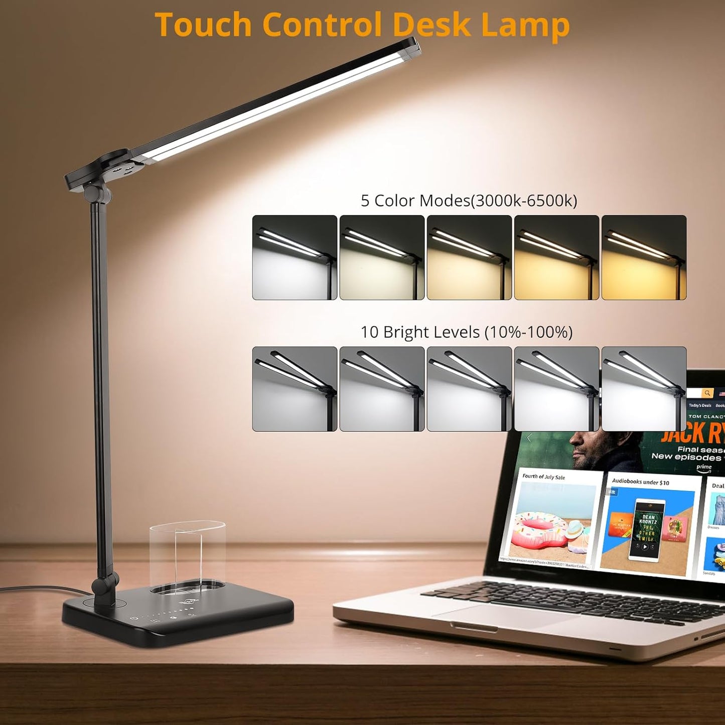 Desk Lamp, Dual Head Desk Light, 5 Lighting Colors & 10 Brightness Reading Light, LED Desk Lamp for Home Office, Table Lamp for Bedroom Desktop, Study, Craft (Black, with Adapter)