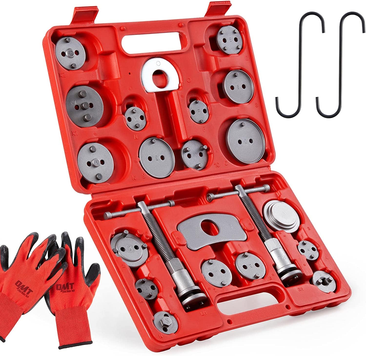 24Pcs Brake Caliper Tool, Heavy Duty Brake Caliper Compression Tool Caliper Piston Tool for Brake Pad Replacement Reset, with Thrust Bolt Assemblies Retaining Plates 18 Disc Adapters