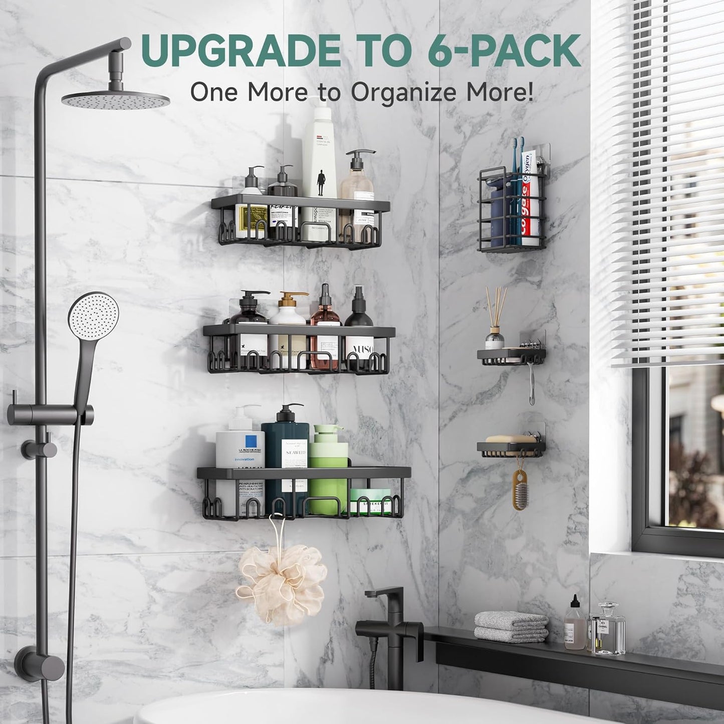 Stainless Steel Shower Caddy 6-Pack, Adhesive Rustproof Shelves Rack with Soap Holder, Large Capacity Bathroom Organizers and Storage, No Drilling Wall-Mounted Kitchen & Home Decor, Bath Decor