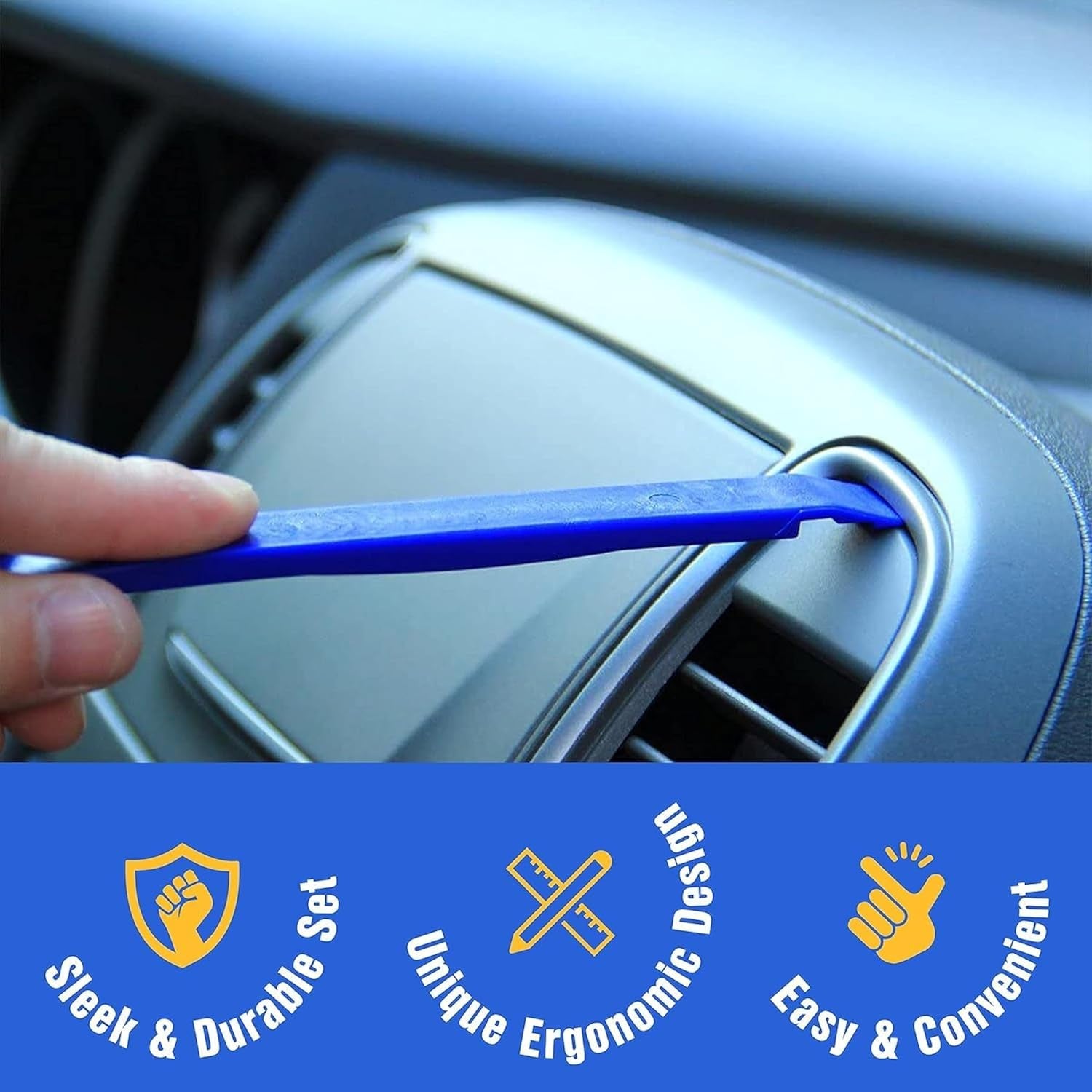 Auto Trim Removal Tool Kit - 5-Piece No Scratch Pry Tool Set for Car Panel and Dashboard Removal - Includes Door Panel Tool, Push Rivets, Car Clips - Essential for Interior Trim Work - Blue