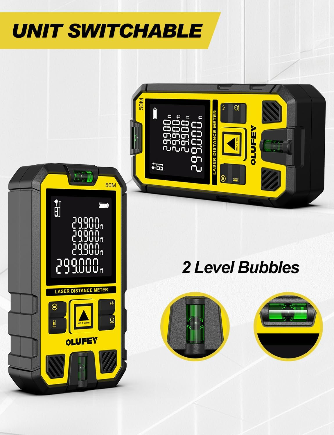 Laser Measure 165 Feet,Laser Distance Meter Device IP54 Portable Digital Measure Tool Range Finder with Bubble Levels and LCD Backlit