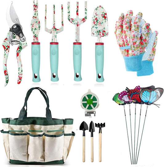 Garden Tools Set，16 Piece Floral Gardening Gifts for Women, Gardening Hand Tool Birthday Gifts for Mom, Heavy Duty Gardening Tools with Pruning Shears & X-Large Handle Storage Tote