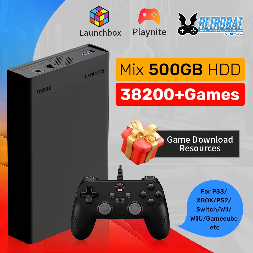 500GB Gaming HDD Retrobat & Launchbox & Playnite OS Retro Video Game Console for Ps3/Switch/Xbox/Ps2/Wii/Wiiu with 38200+ Games