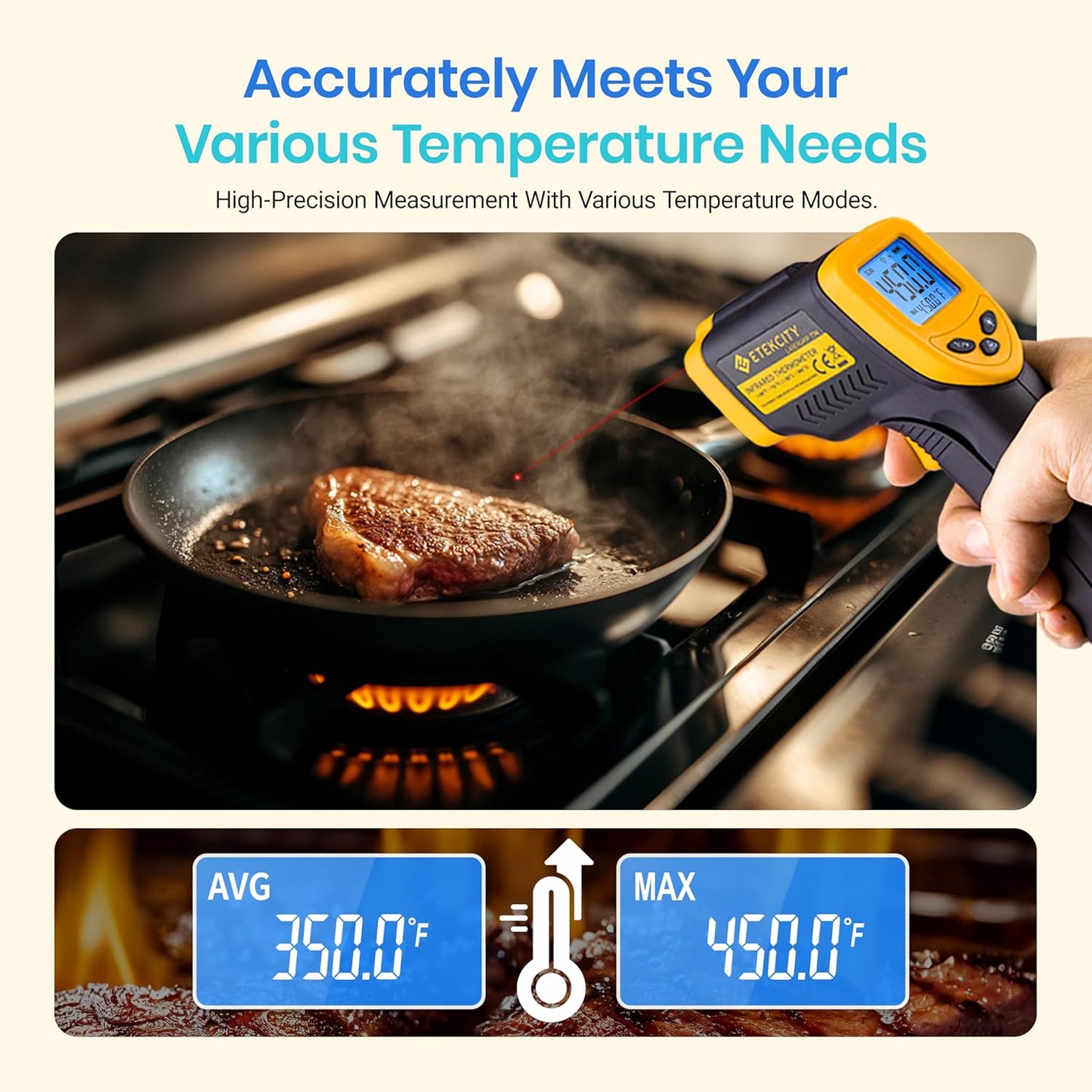 Infrared Thermometer Laser Temperature Gun 774, Meat Food Candy Oven Thermometer for Griddle Accessories, Heat Gun for Cooking Refrigerator Tools, Yellow, -58°F to 842°F