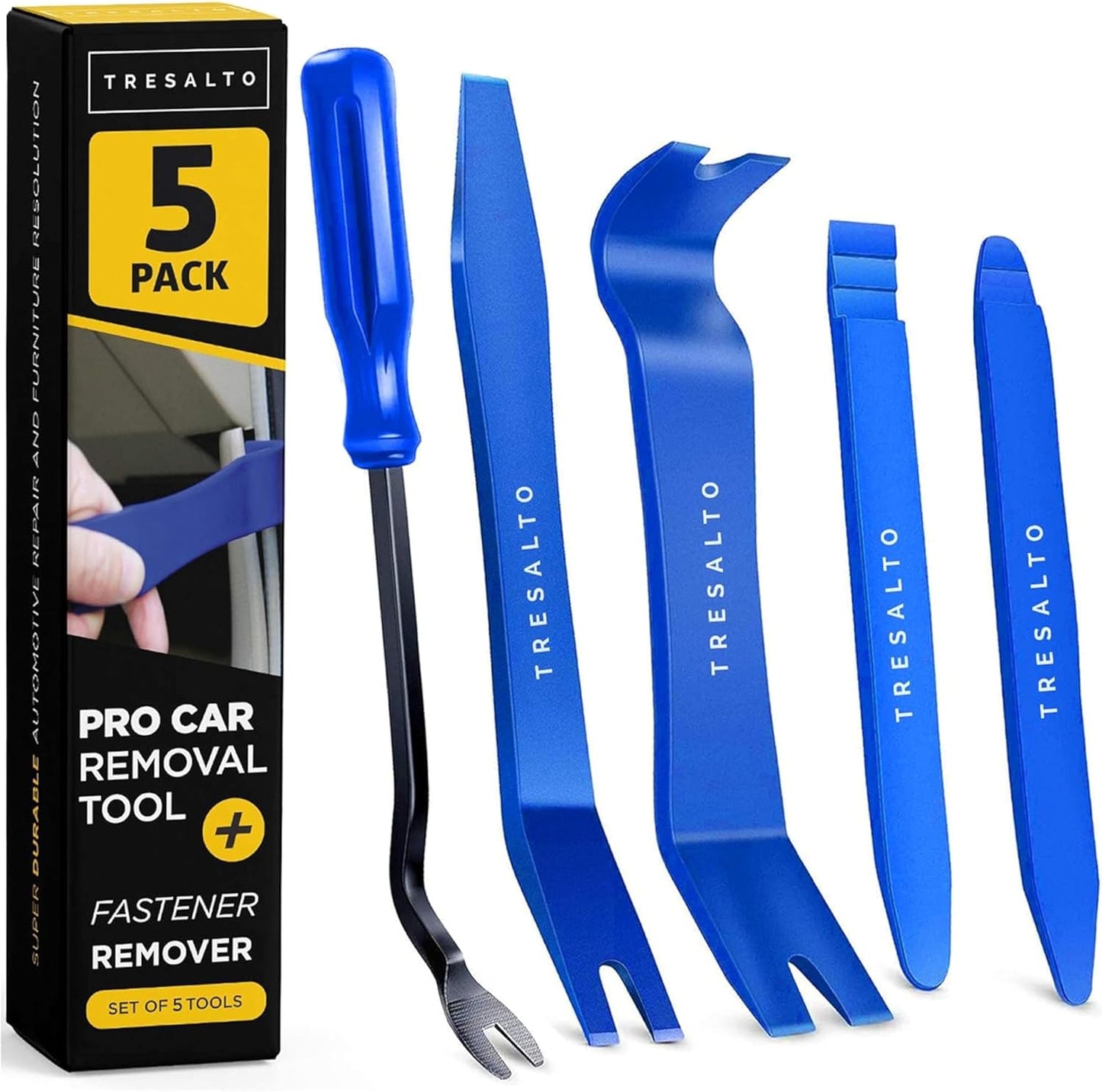 Auto Trim Removal Tool Kit - 5-Piece No Scratch Pry Tool Set for Car Panel and Dashboard Removal - Includes Door Panel Tool, Push Rivets, Car Clips - Essential for Interior Trim Work - Blue