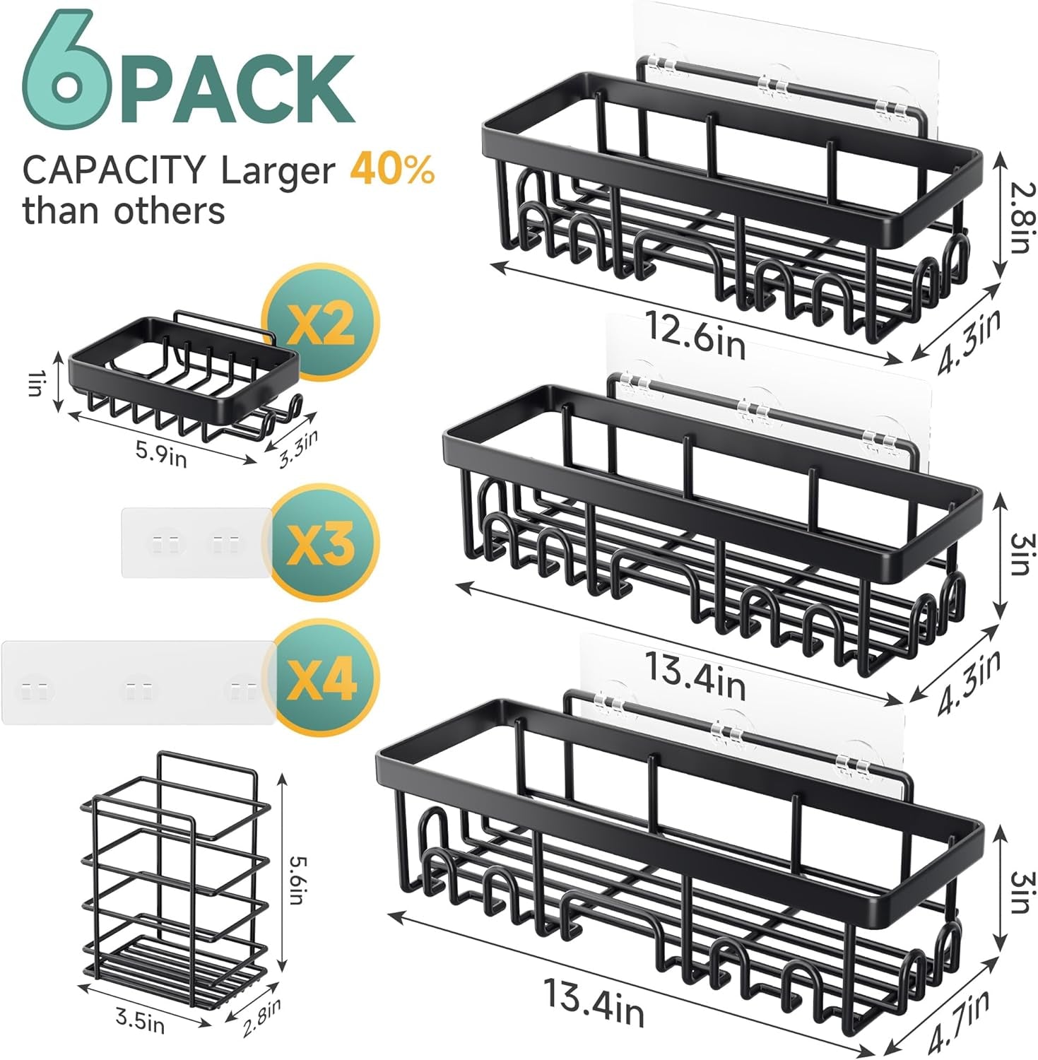 Stainless Steel Shower Caddy 6-Pack, Adhesive Rustproof Shelves Rack with Soap Holder, Large Capacity Bathroom Organizers and Storage, No Drilling Wall-Mounted Kitchen & Home Decor, Bath Decor